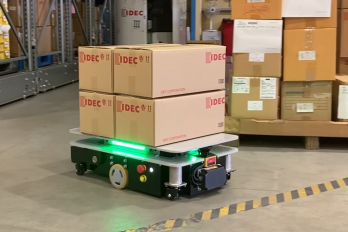 AMR developed by IDEC Corporation for their internal intralogistics needs, equipped with 2 SWD® 125 and 2 security scanners IDEC SE2L AMR developed by IDEC Corporation for their internal intralogistics needs, equipped with 2 SWD® 125 and 2 security scanners IDEC SE2L