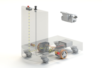 Configuration type pour un contrôle manuel ou à distance, incluant une paire de roues motrices sécuritaires SWD®, un joystick CANopen APEM série XF, un arrêt d'urgence et une batterie au lithium. IDEC EZ WHEEL SWD 150 AGV controle manuel
