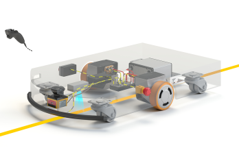 Configuration type pour une plateforme en suivi de ligne, incluant une paire de roues motrices sécuritaires SWD®, un scanner laser de sécurité SE2L, des joysticks ergonomiques PC 2441, un bord sensible de sécurité E30BK1 et un arrêt d'urgence XW1F. IDEC EZ WHEEL SWD 150 AGV suivi de ligne