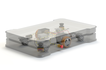 Typical setup for a mobile robot with navigation including a pair of SWD® Safety Wheel Drive, a SE2L safety laser scanner, Emergency stop XW1F and the ez-Way® navigation software. IDEC EZ WHEEL SWD 150 mobile robot with ez Way navigation software
